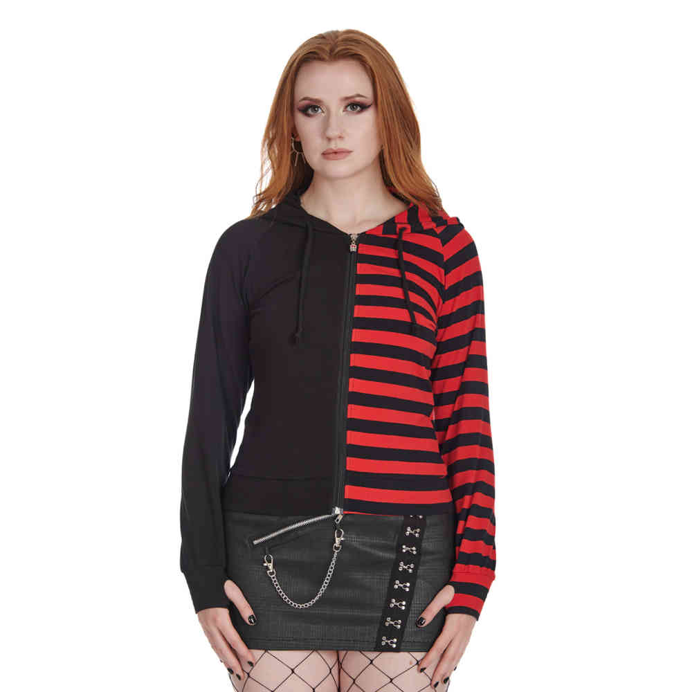 Banned - Shiori Half And Half Vest met capuchon - Zwart/Rood